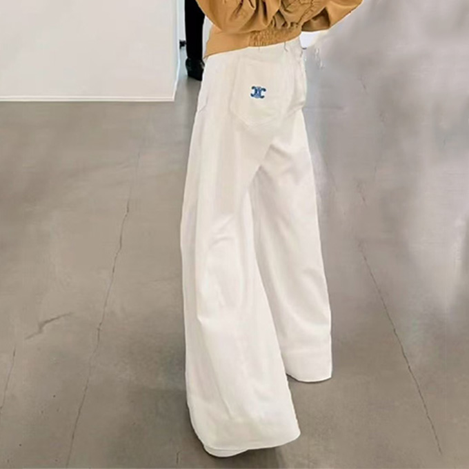 celine back pocket blue triomphe embroidery white flared jeans